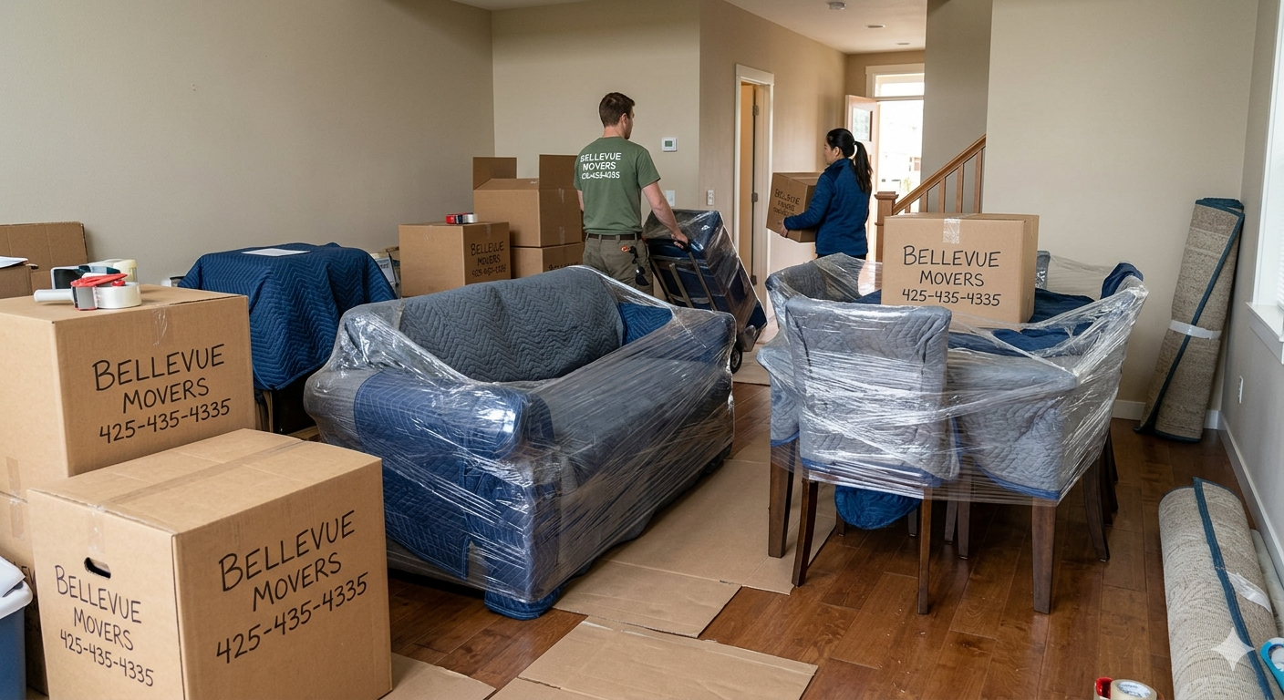 Professional movers wrapping furniture